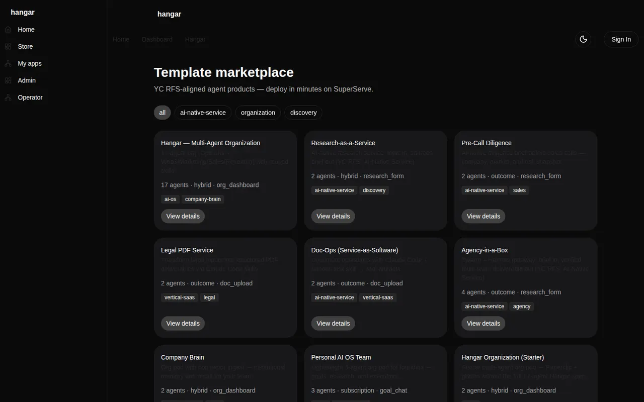 The live Hangar template catalog: cards for the 17-agent organization, Research-as-a-Service, Pre-Call Diligence, Legal PDF Service, Doc-Ops, Agency-in-a-Box and more, each listing agent count, pricing model, and UI type.